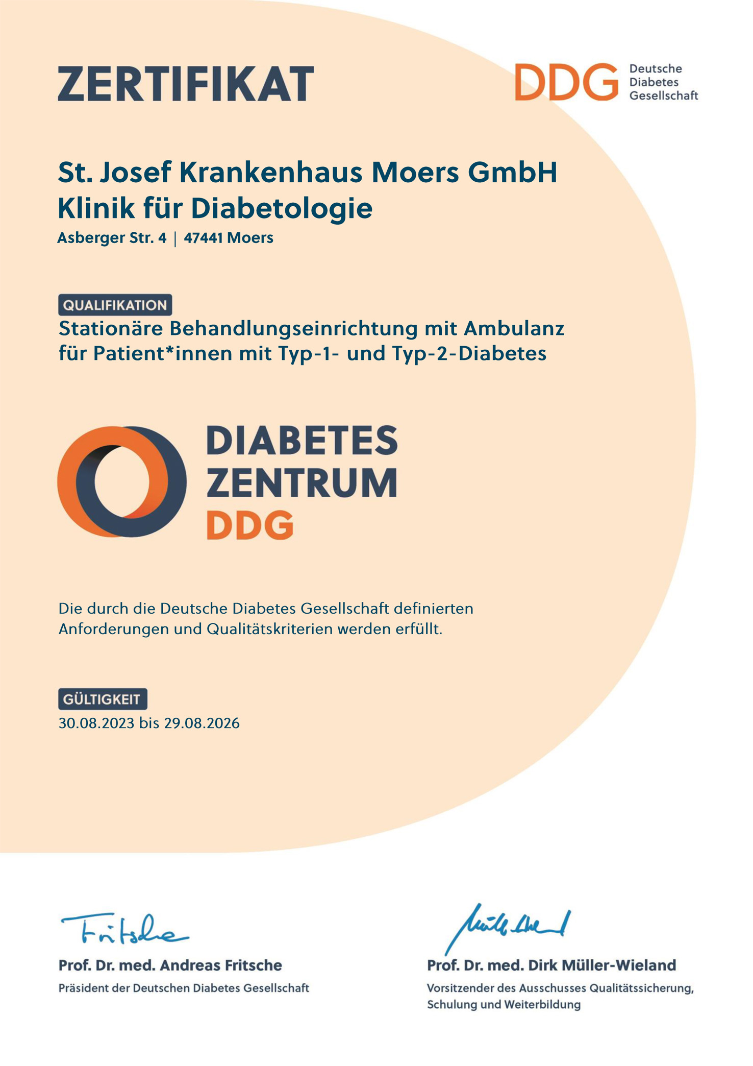 Urkunde Zertifiziertes Diabeteszentrum DDG 2023-2026